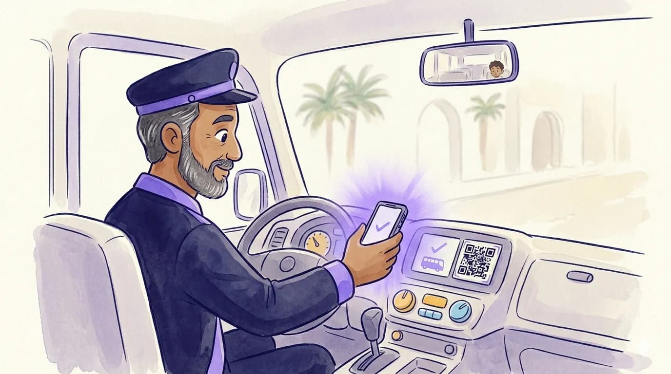 A bus driver shares the bus's QR code from the driver's seat.