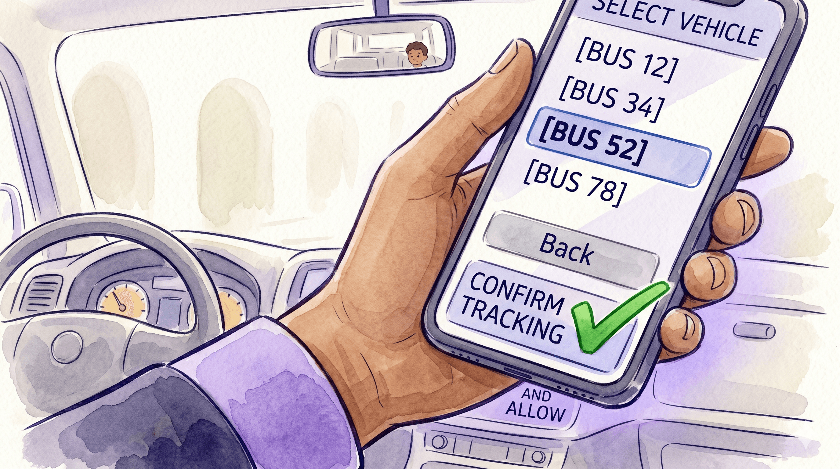 A bus driver picks their line and direction on the app.