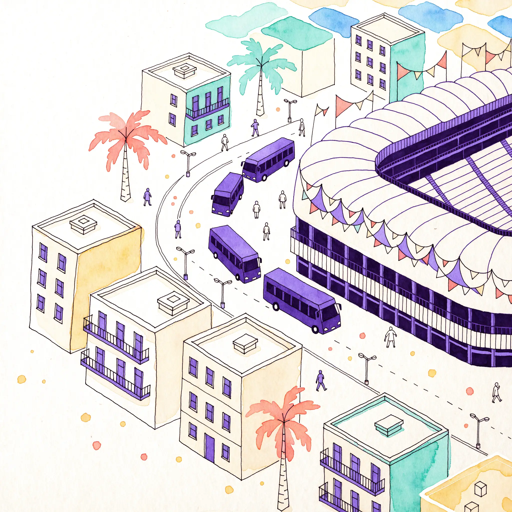 Isometric illustration of violet shuttle buses arriving at a festive stadium