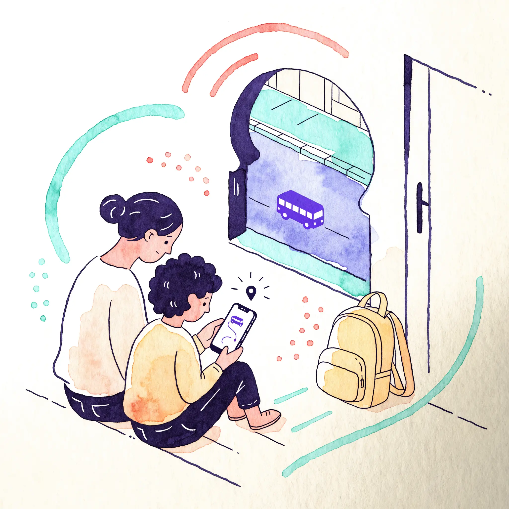 Isometric illustration of a parent and child watching the bus approach from a warm home window