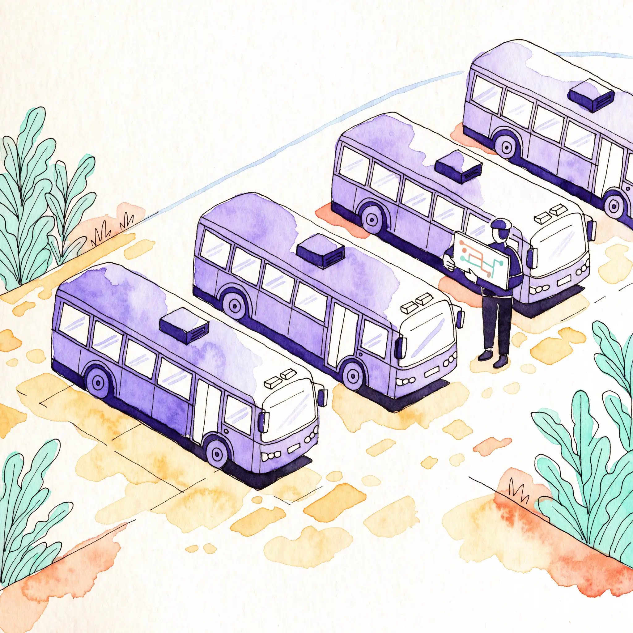 Isometric illustration of a bus depot with a dispatcher and a lineup of violet buses