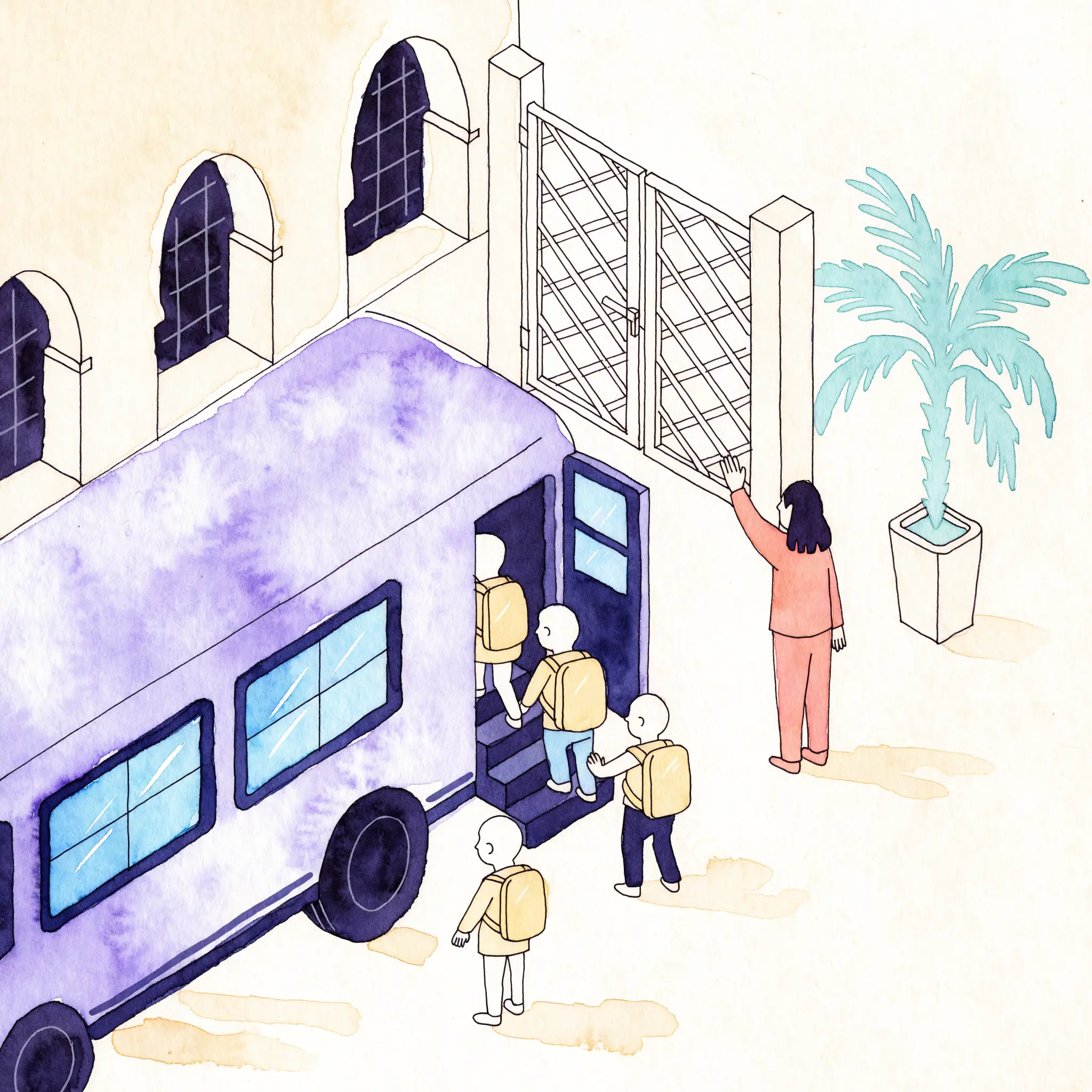 Isometric illustration of a violet school bus boarding children at a Moroccan school gate