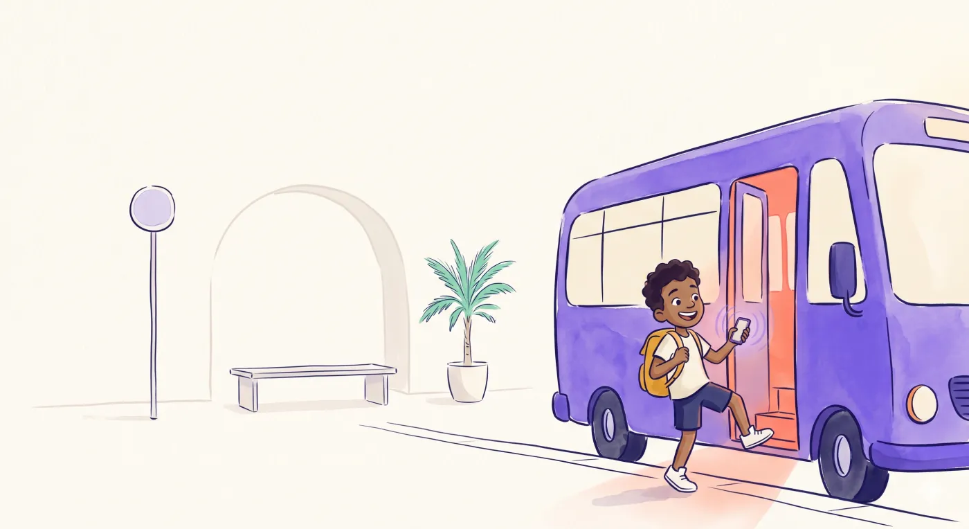A smiling child steps onto the friendly violet bus.