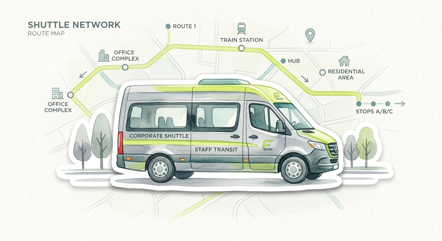 Watercolor black executive vans with gold details, a chauffeur and a private dispatch dashboard
