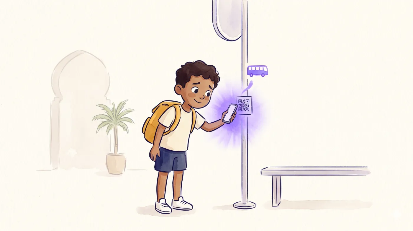 A child scans the QR code on a bus-stop pole.