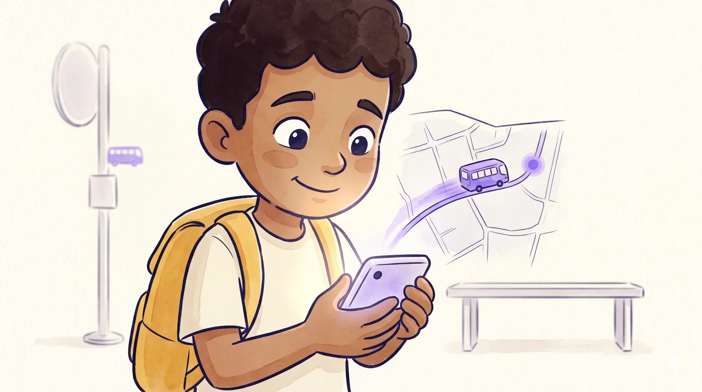 A child watches their bus glide along the map on their phone.