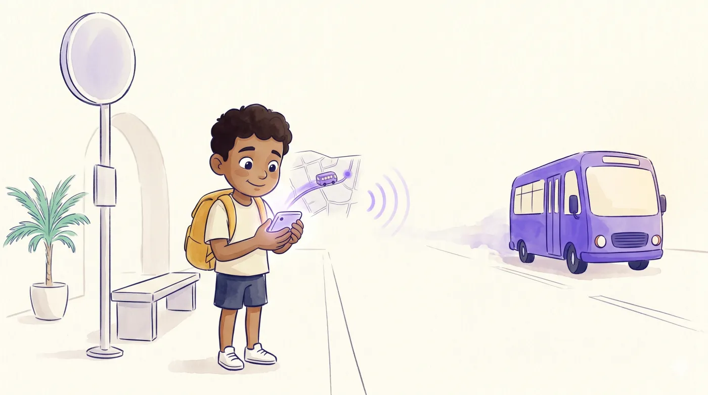 A child waits at a sunny bus stop, watching the violet bus roll in on their phone.